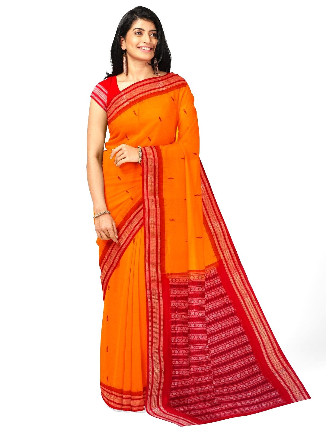 Yellow Red Sambalpuri Cotton Saree with running blouse piece
