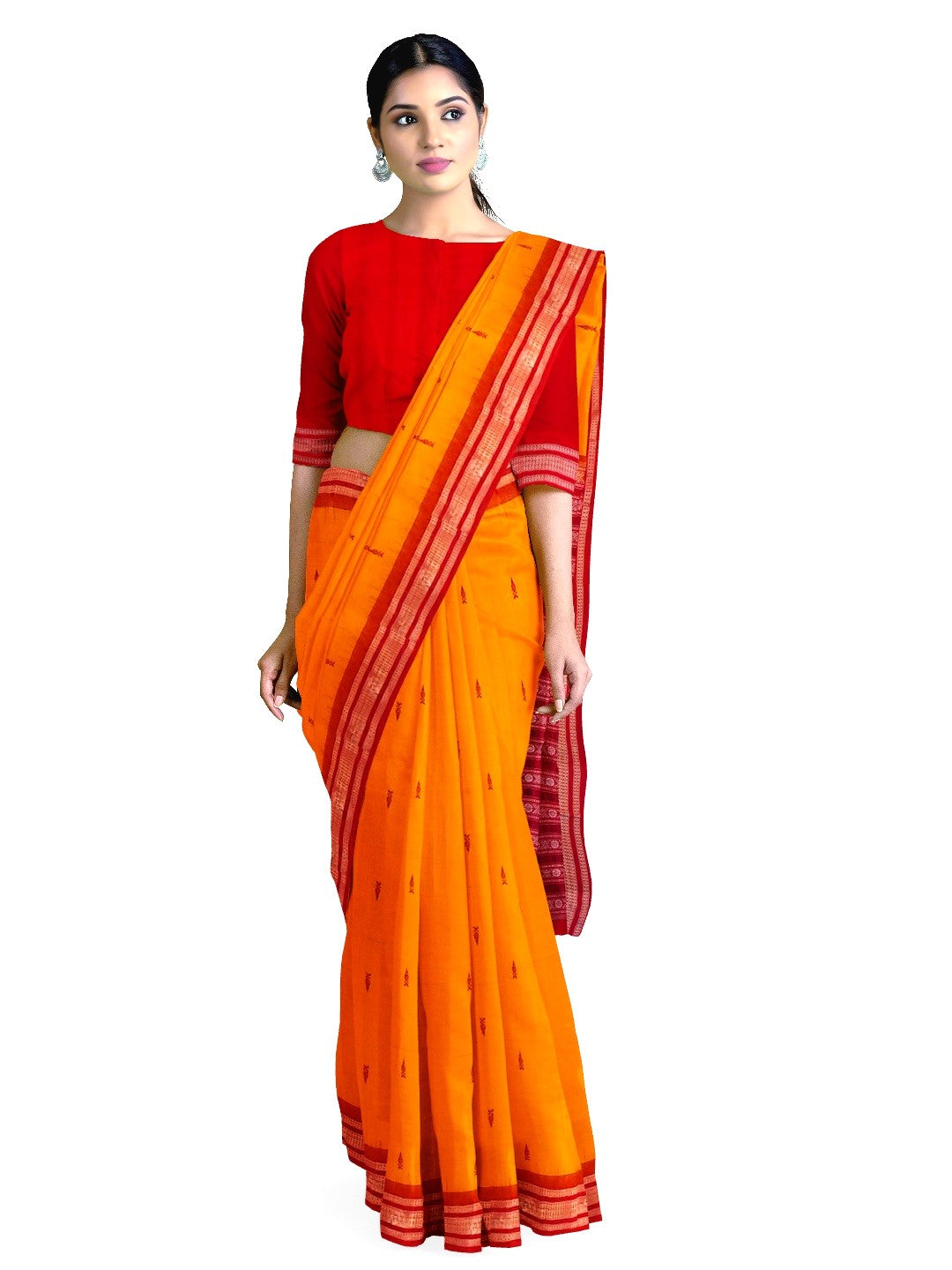 Yellow Red Sambalpuri Cotton Saree with running blouse piece