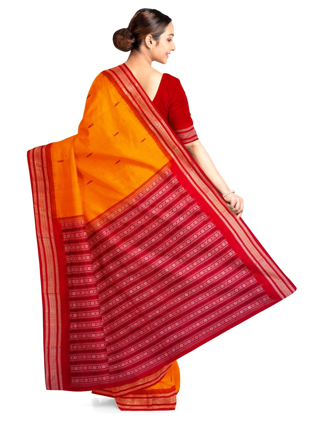 Yellow Red Sambalpuri Cotton Saree with running blouse piece