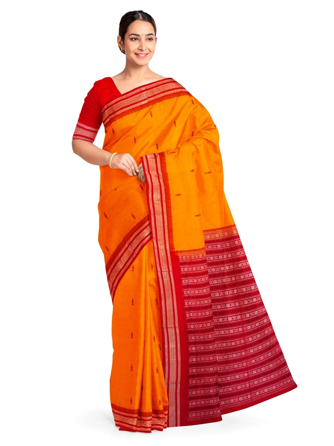 Yellow Red Sambalpuri Cotton Saree with running blouse piece
