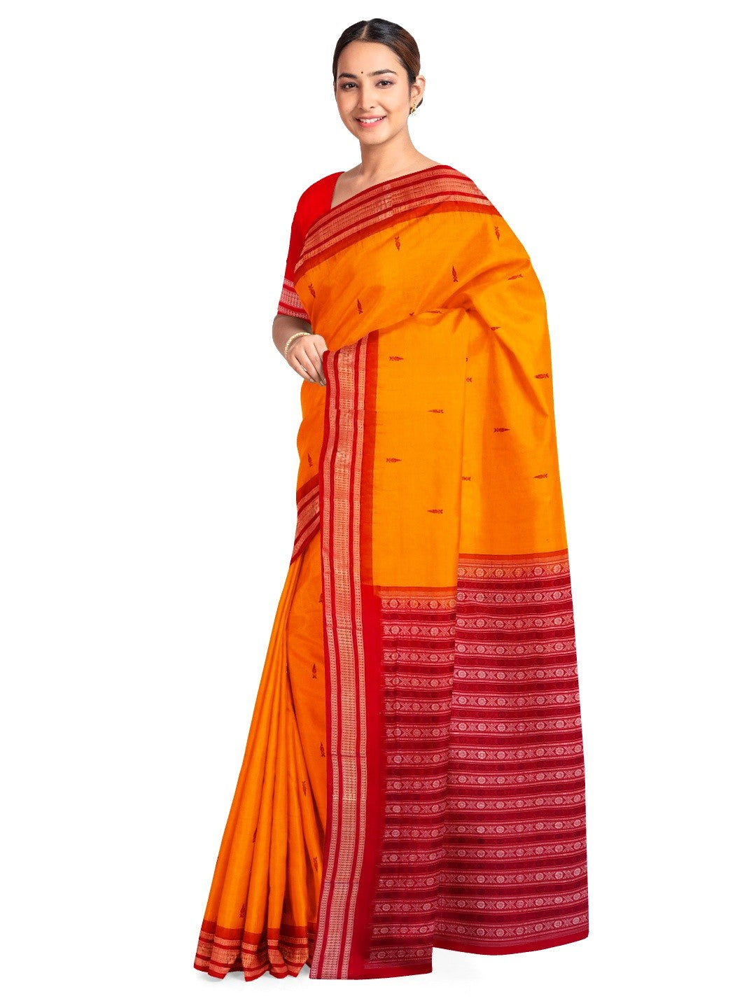 Yellow Red Sambalpuri Cotton Saree with running blouse piece