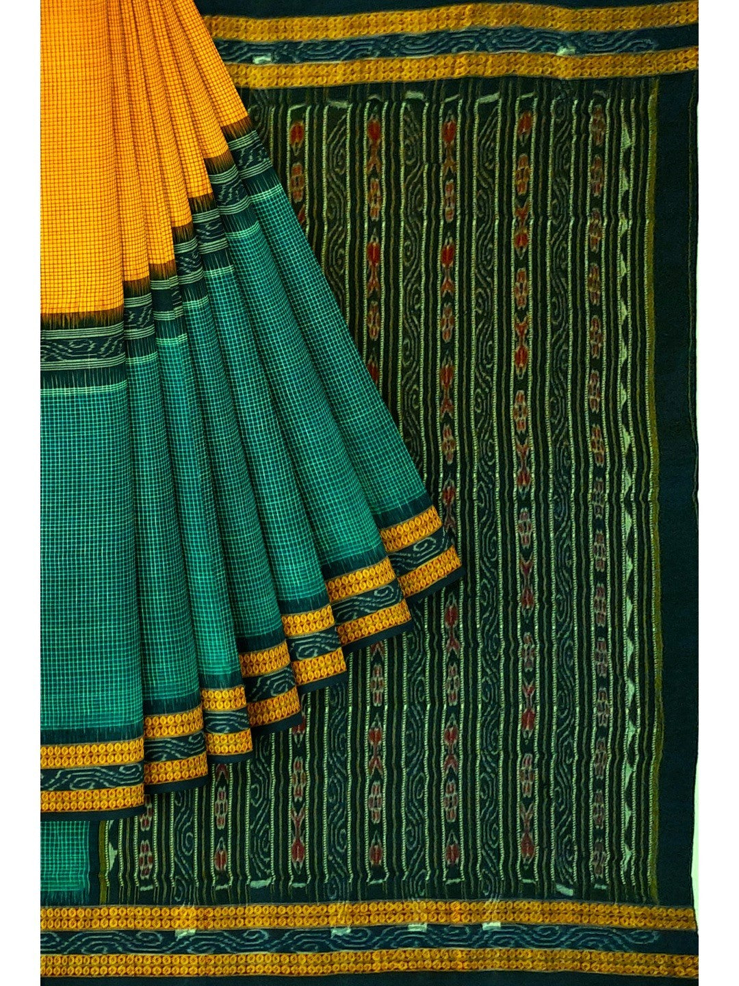 Yellow Green Sachipar Sambalpuri Cotton Saree with matching blouse piece