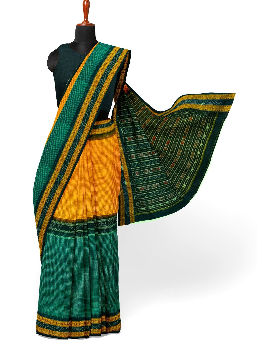 Yellow Green Sachipar Sambalpuri Cotton Saree with matching blouse piece