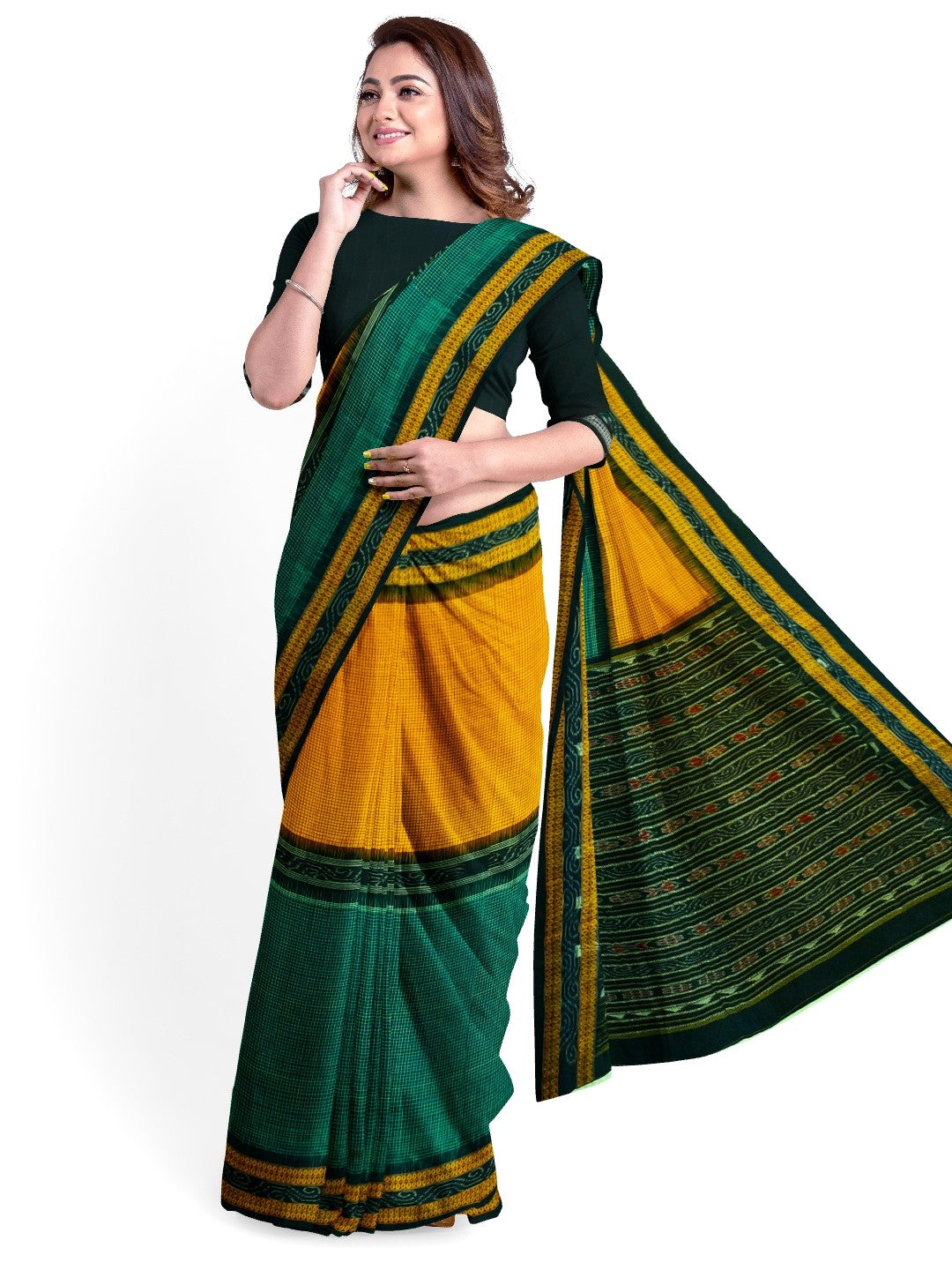 Yellow Green Sachipar Sambalpuri Cotton Saree with matching blouse piece