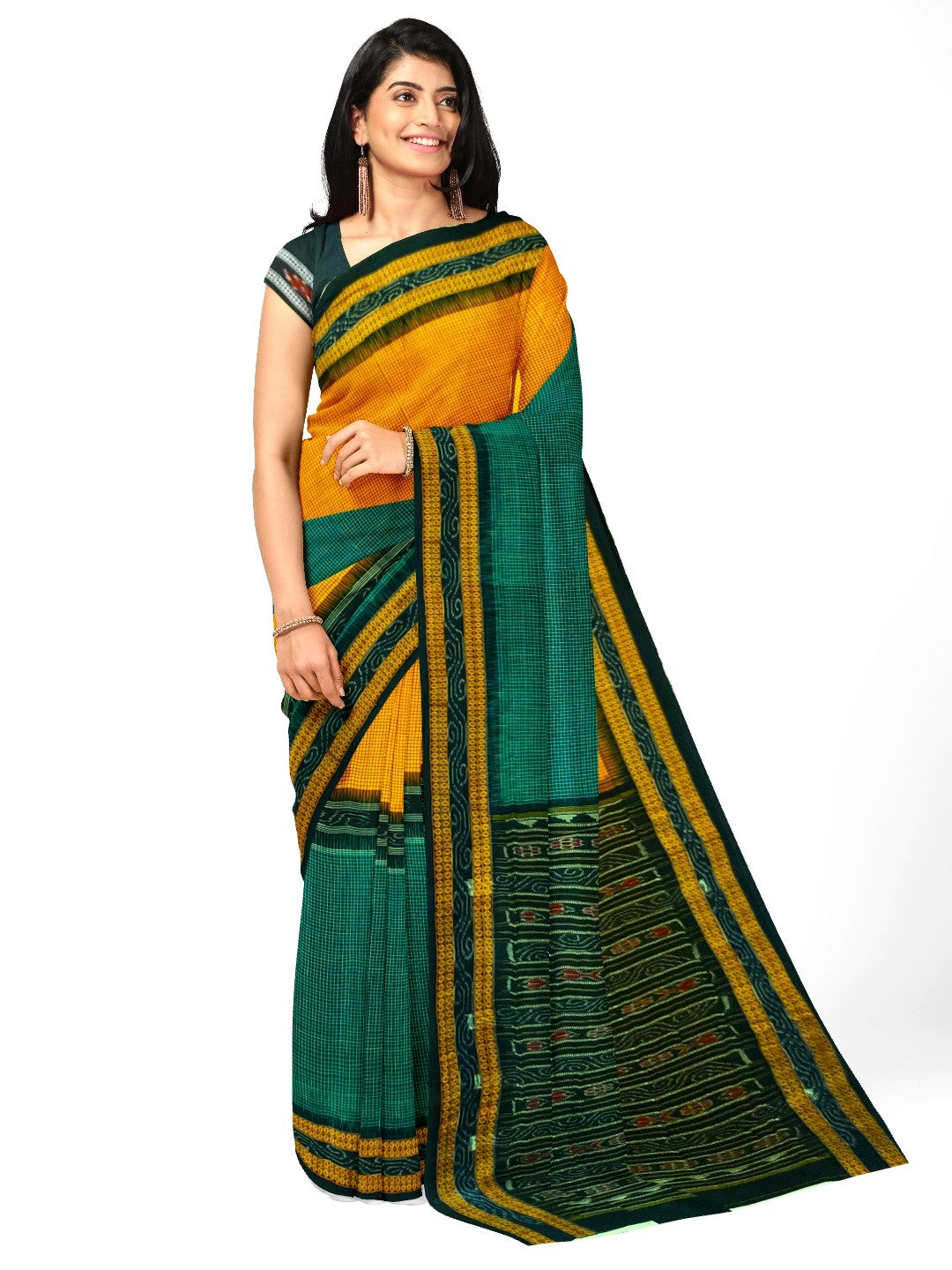 Yellow Green Sachipar Sambalpuri Cotton Saree with matching blouse piece