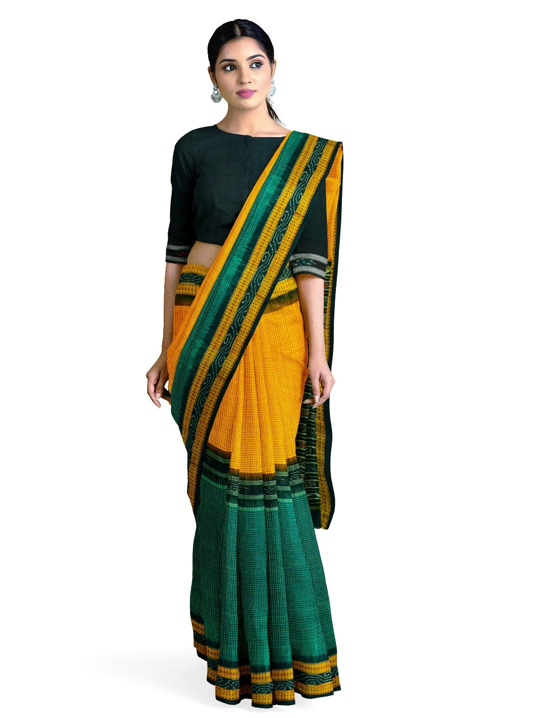 Yellow Green Sachipar Sambalpuri Cotton Saree with matching blouse piece