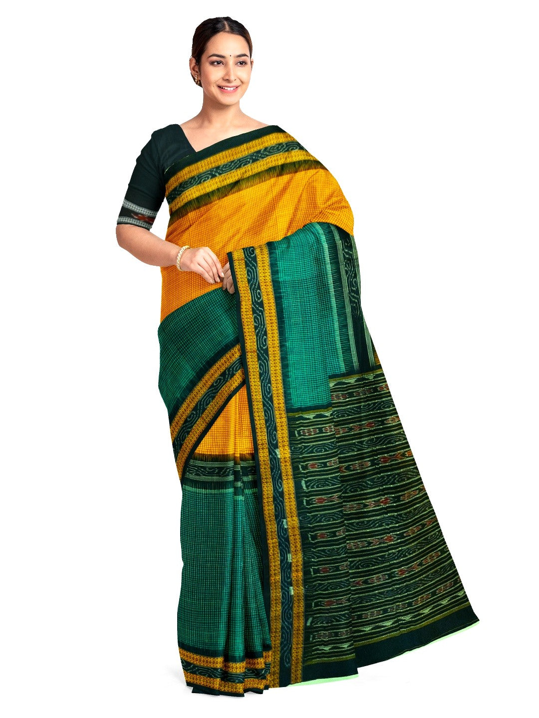 Yellow Green Sachipar Sambalpuri Cotton Saree with matching blouse piece