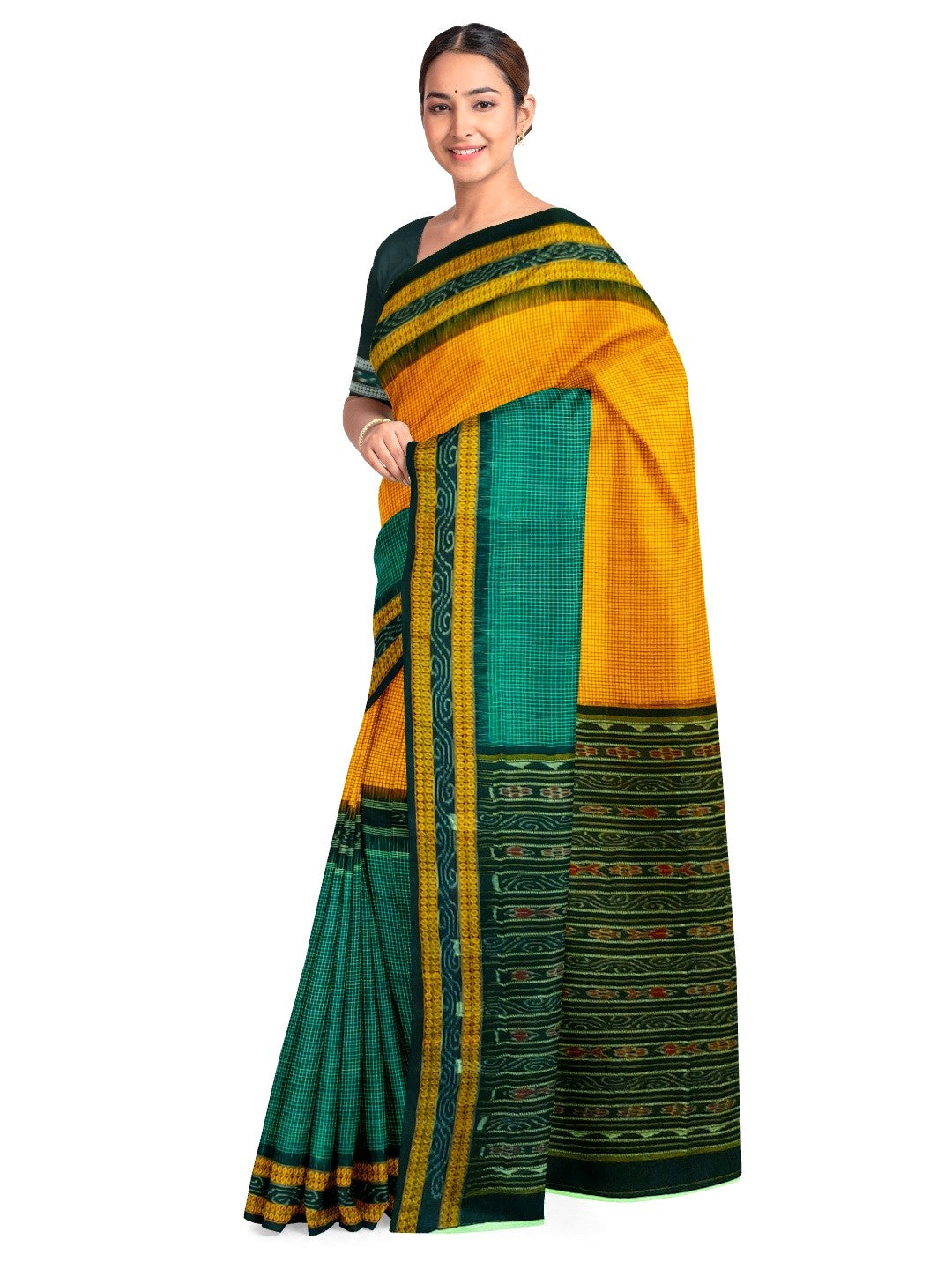 Yellow Green Sachipar Sambalpuri Cotton Saree with matching blouse piece