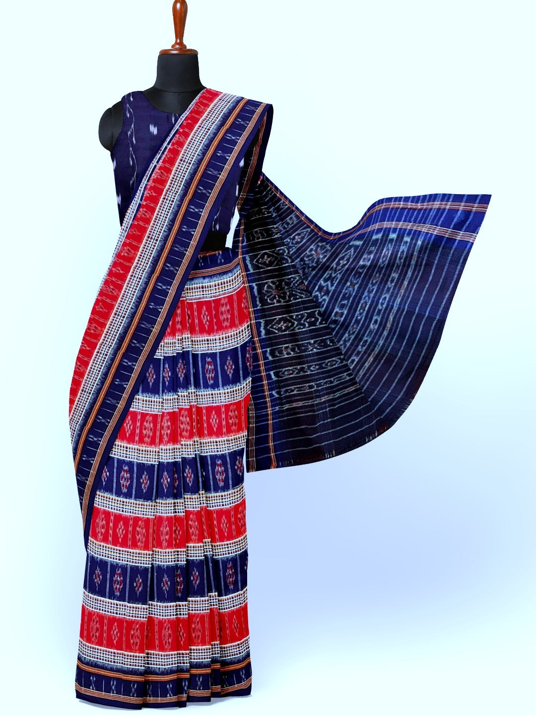 Blue Cotton Odisha Ikat saree with mix match cotton ikat blouse piece