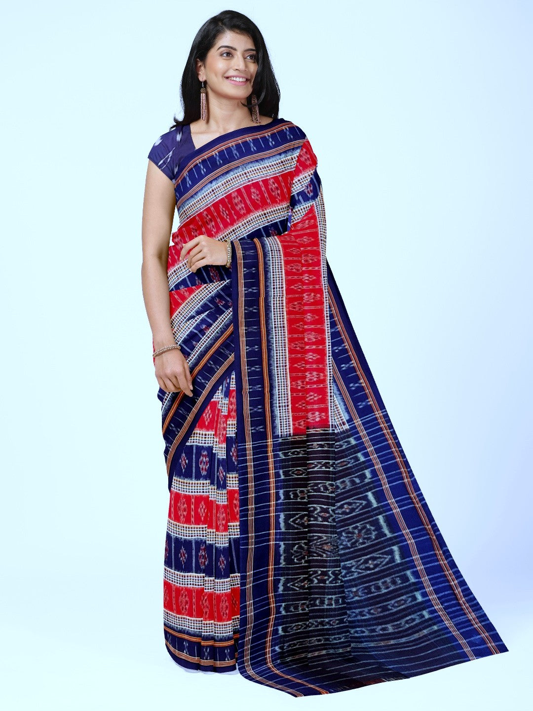 Blue Cotton Odisha Ikat saree with mix match cotton ikat blouse piece