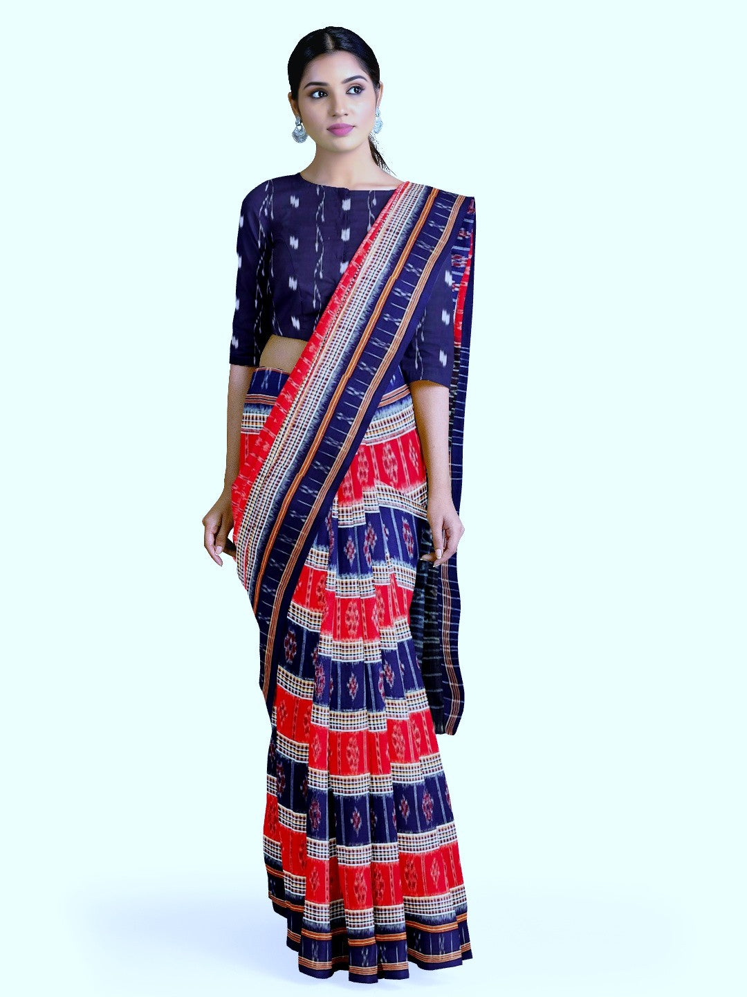 Blue Cotton Odisha Ikat saree with mix match cotton ikat blouse piece