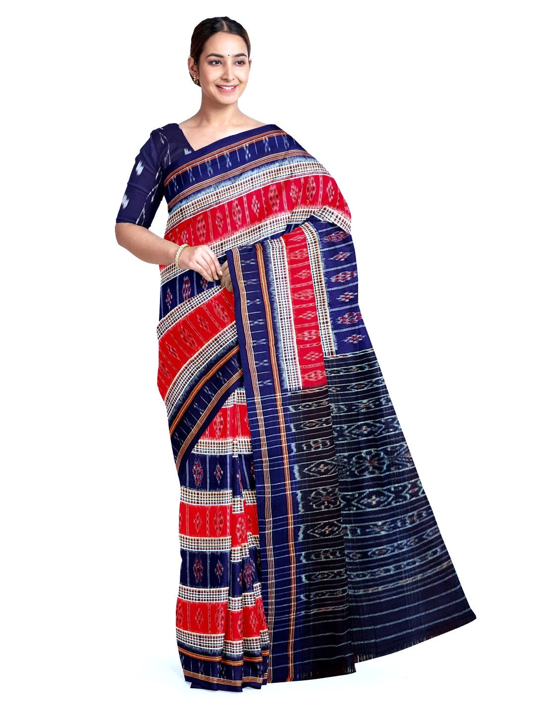 Blue Cotton Odisha Ikat saree with mix match cotton ikat blouse piece