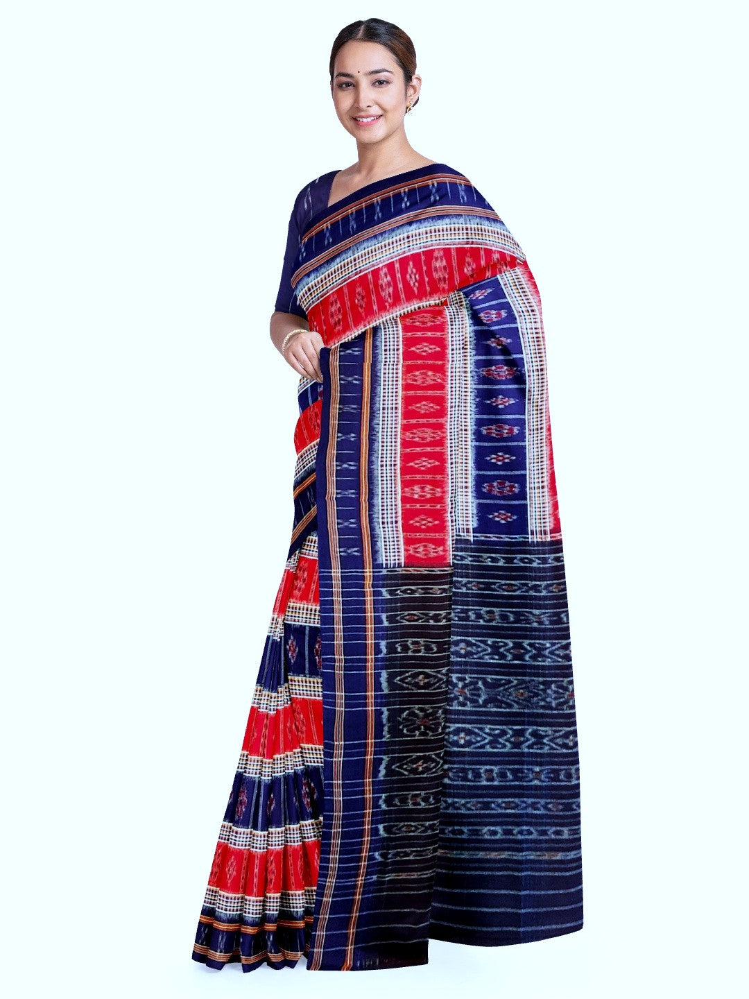 Blue Cotton Odisha Ikat saree with mix match cotton ikat blouse piece