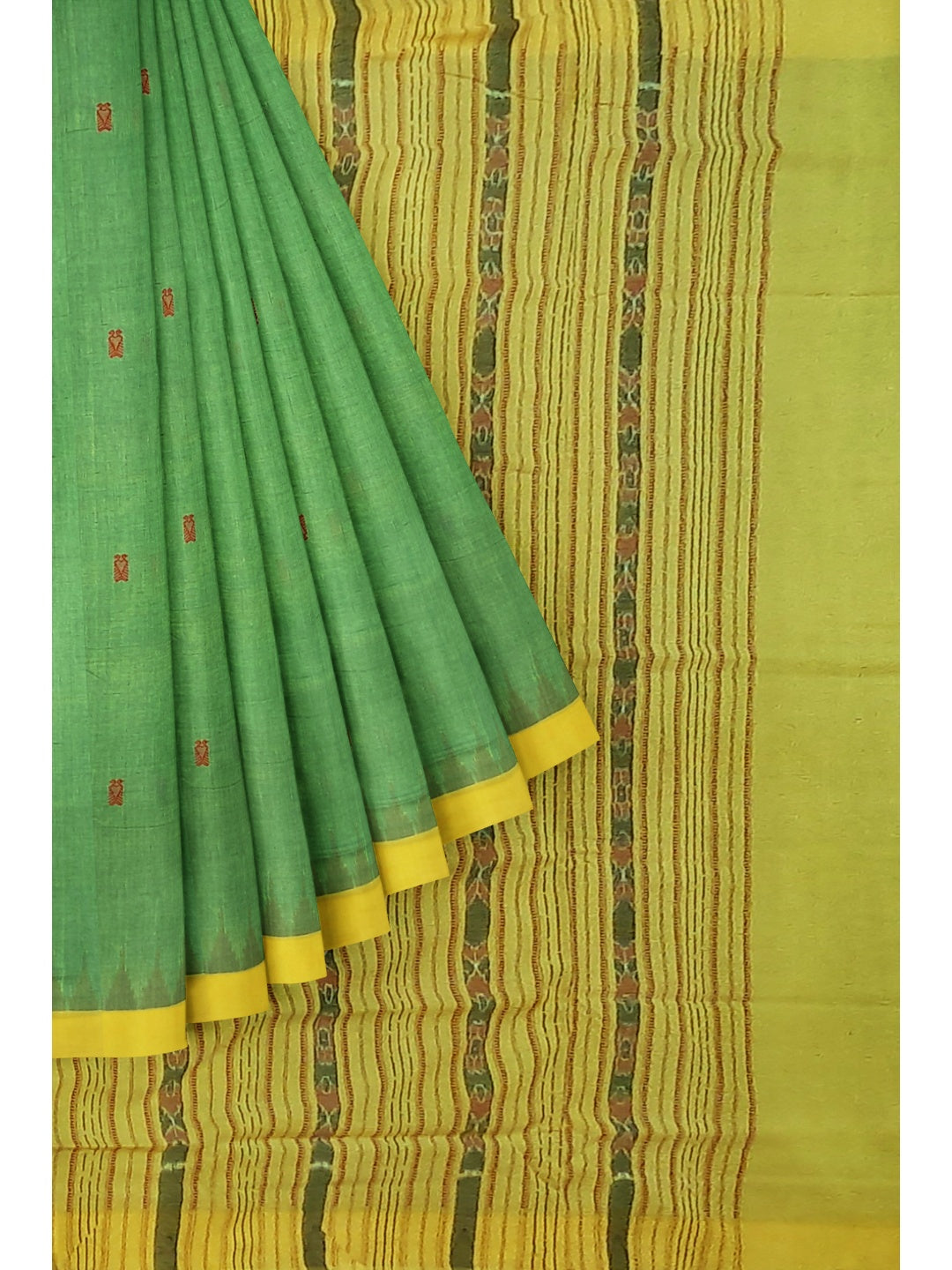 Green Yellow Sambalpuri Cotton Saree with running blouse piece