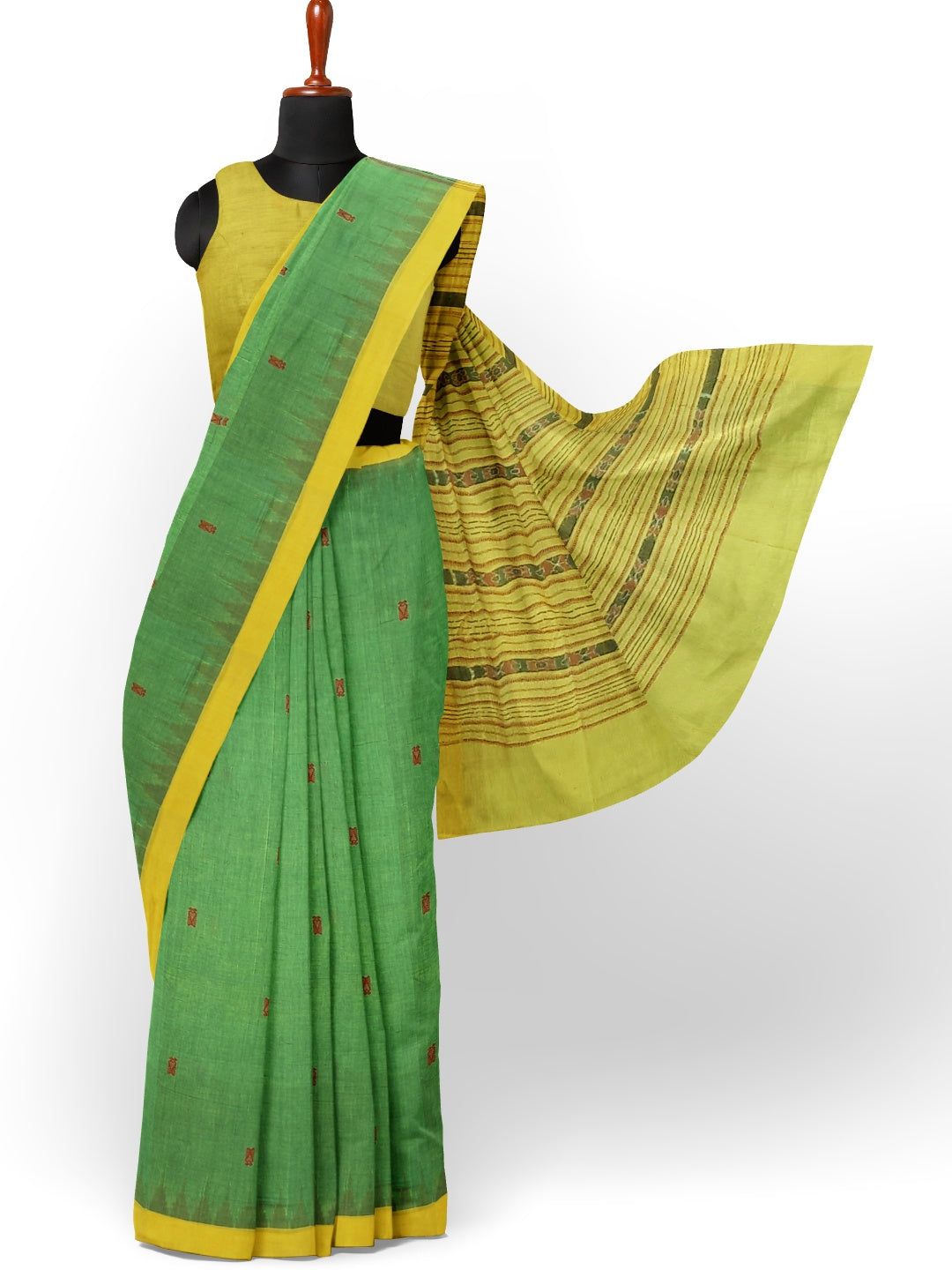 Green Yellow Sambalpuri Cotton Saree with running blouse piece