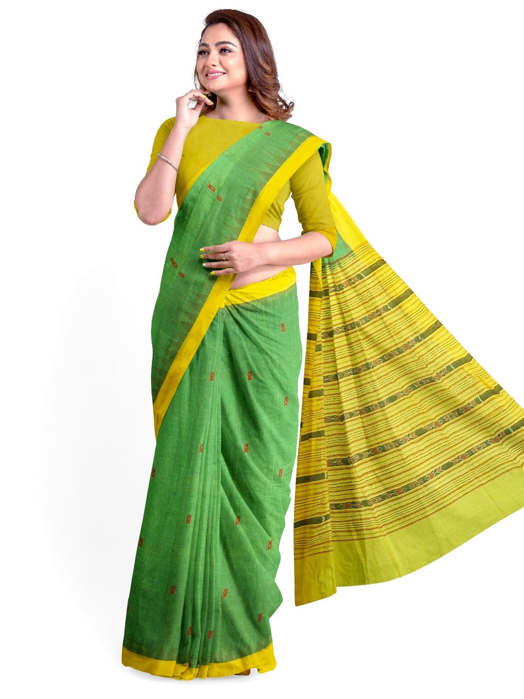 Green Yellow Sambalpuri Cotton Saree with running blouse piece