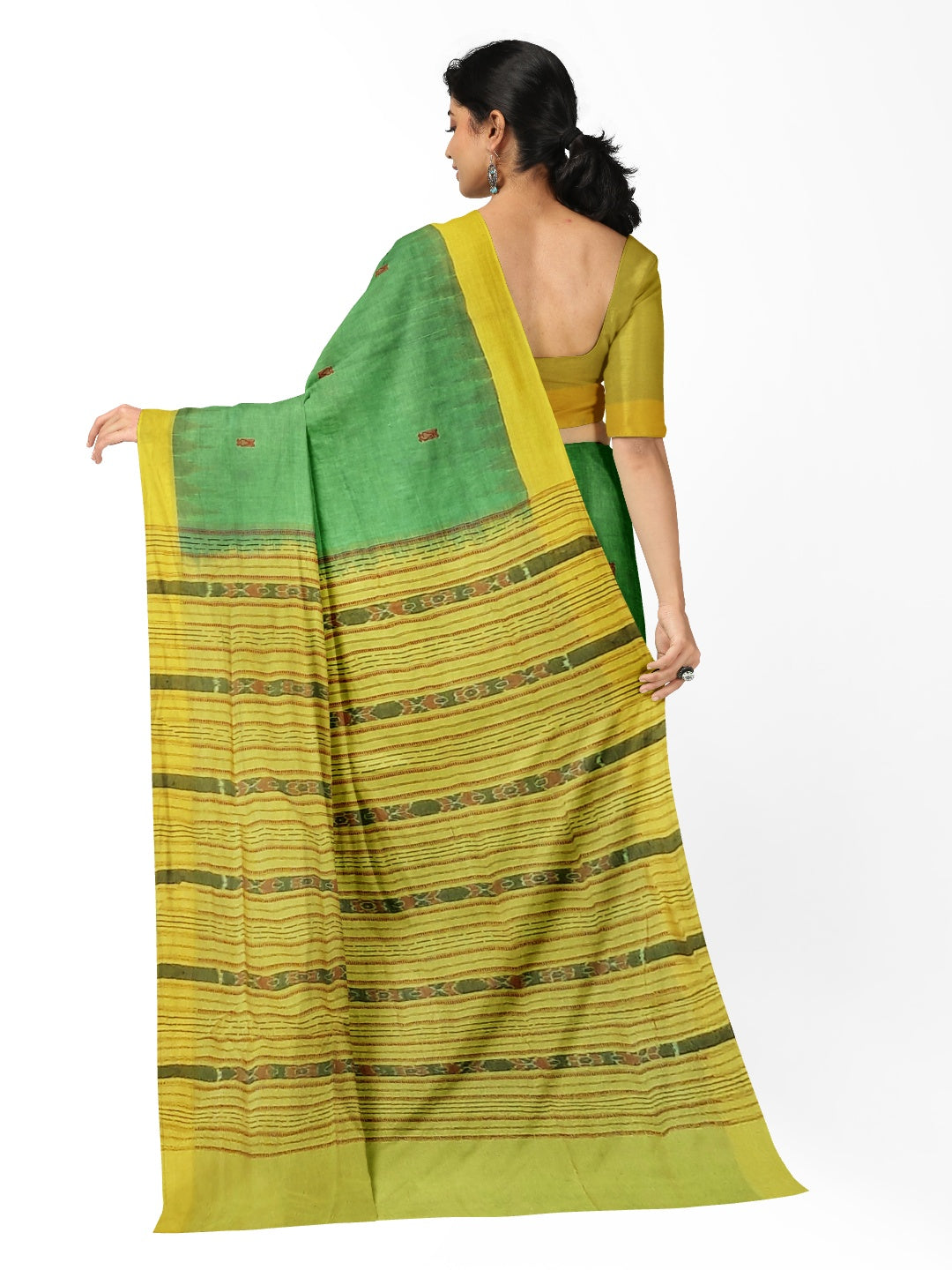 Green Yellow Sambalpuri Cotton Saree with running blouse piece