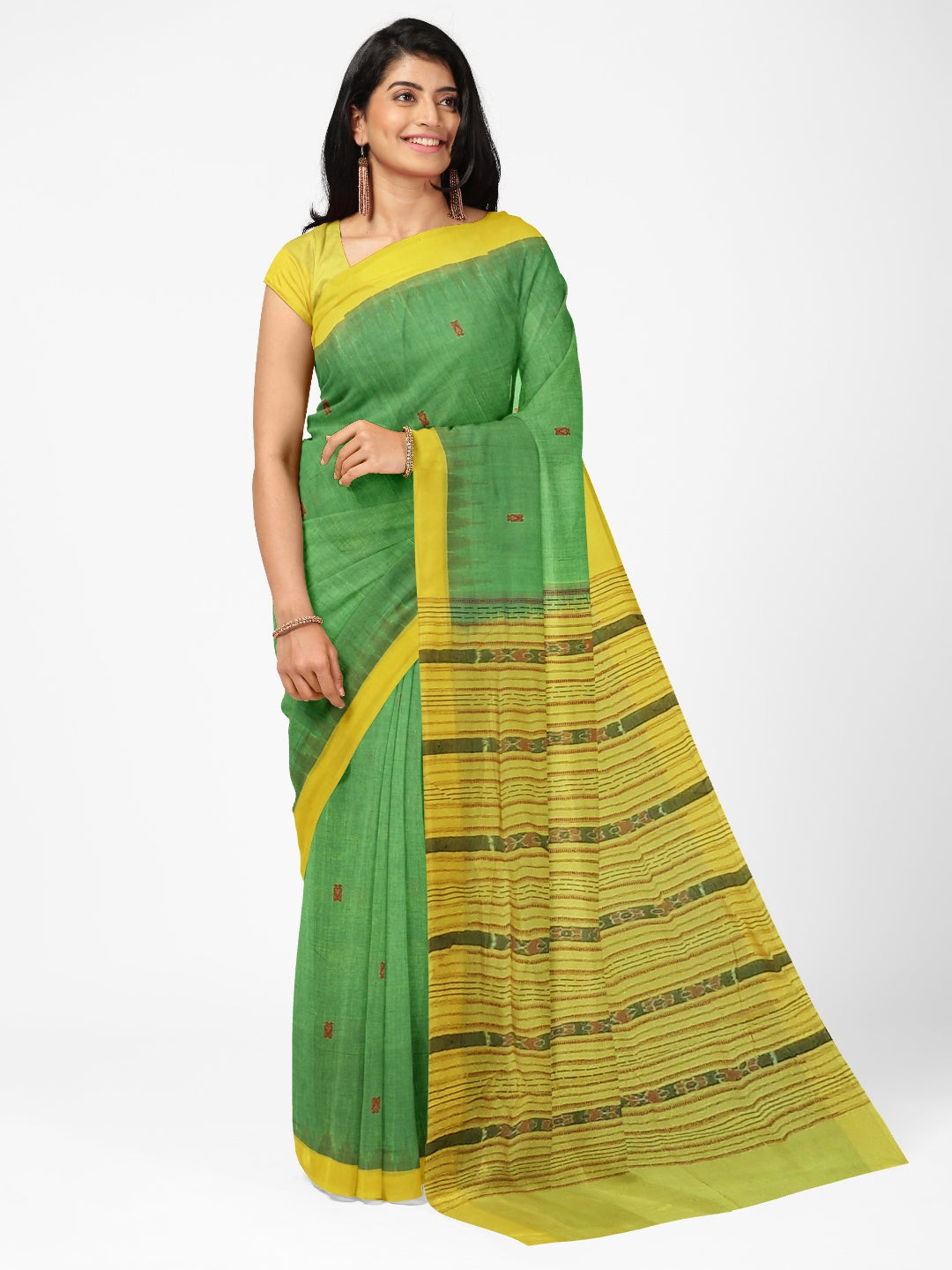 Green Yellow Sambalpuri Cotton Saree with running blouse piece