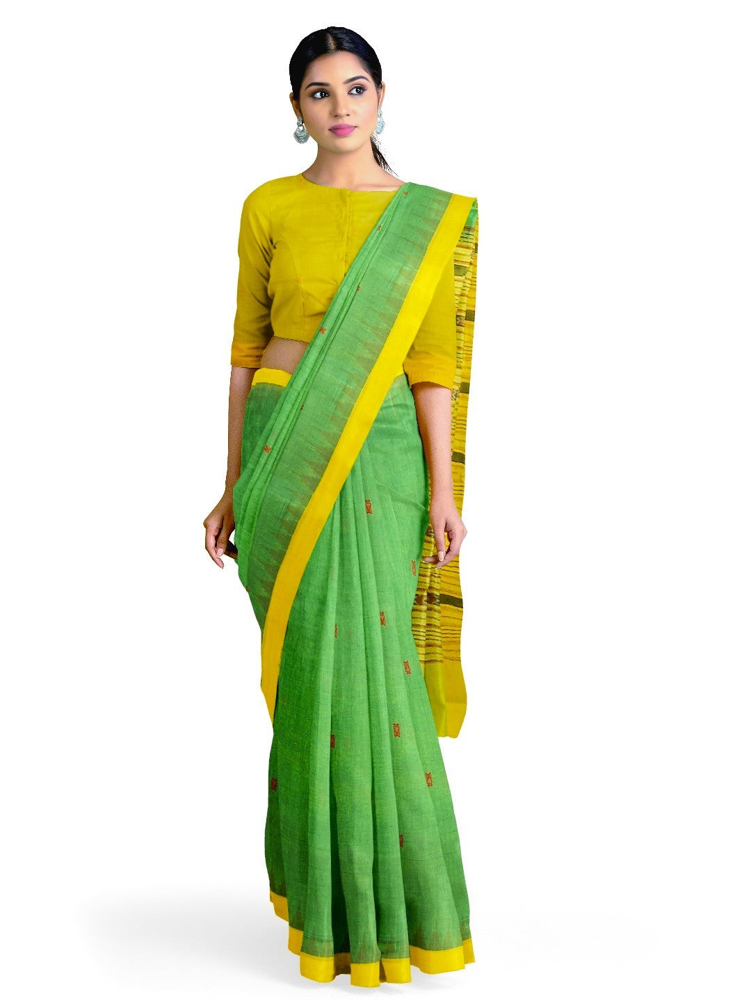 Green Yellow Sambalpuri Cotton Saree with running blouse piece