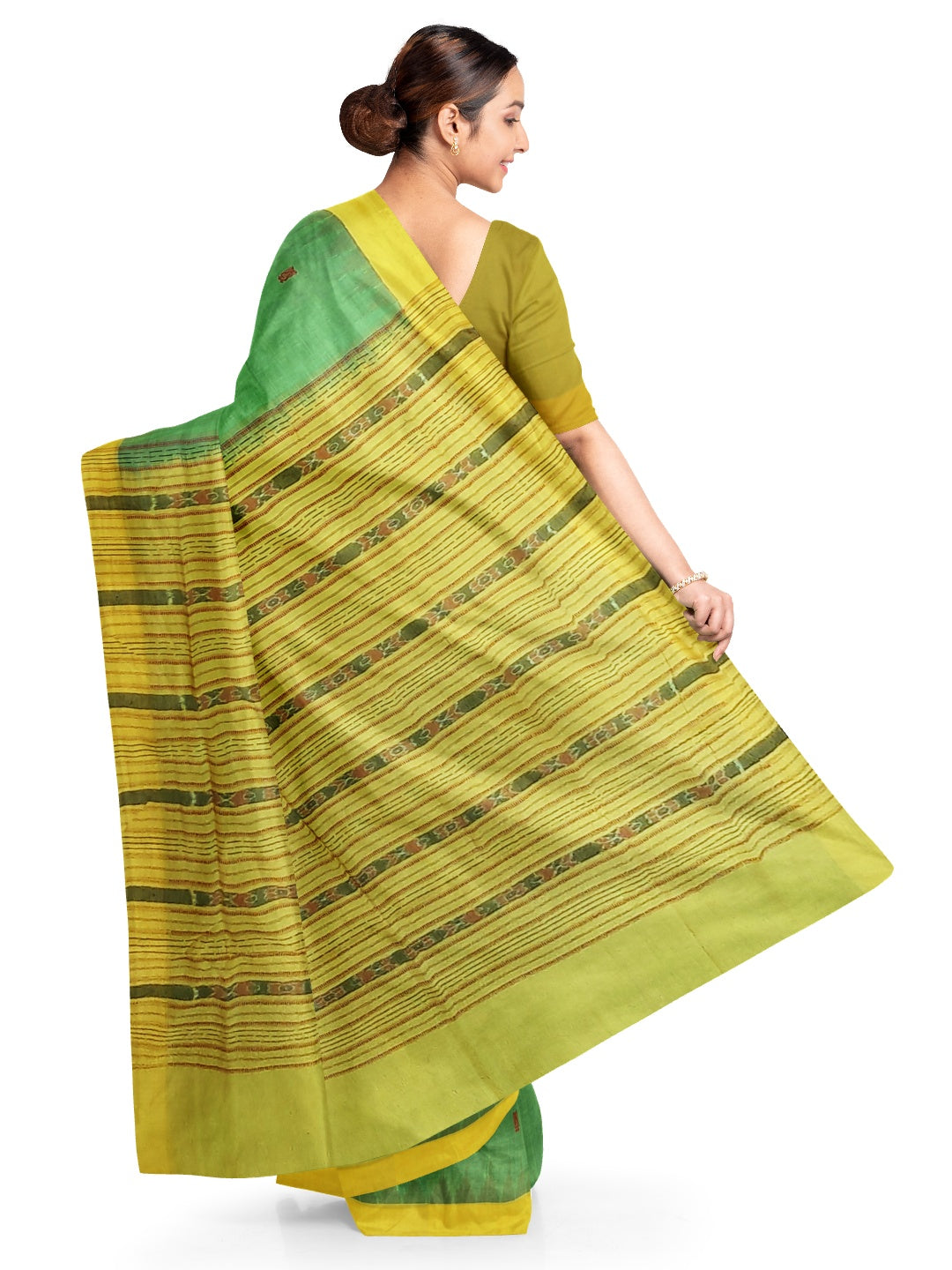 Green Yellow Sambalpuri Cotton Saree with running blouse piece
