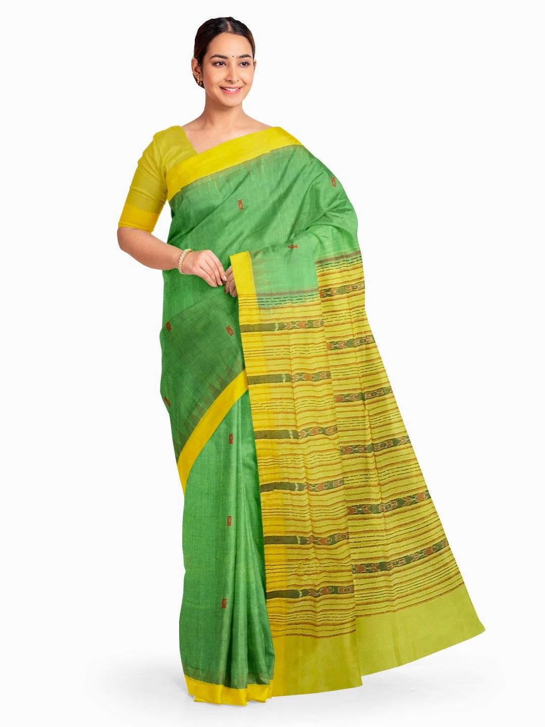 Green Yellow Sambalpuri Cotton Saree with running blouse piece