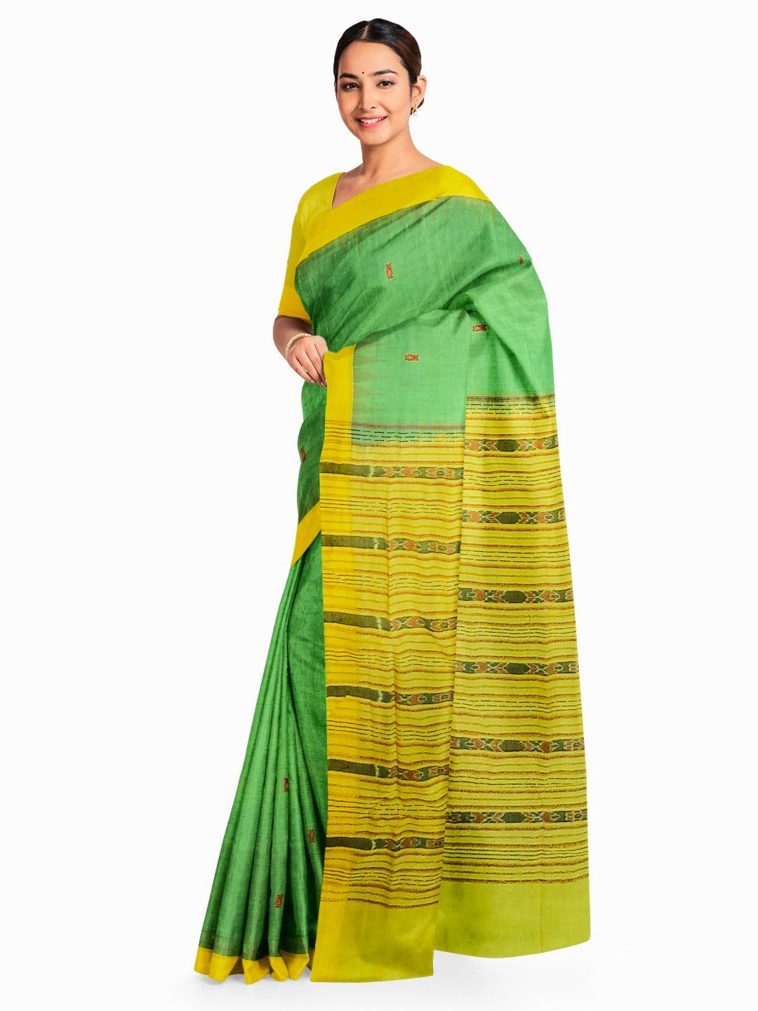 Green Yellow Sambalpuri Cotton Saree with running blouse piece