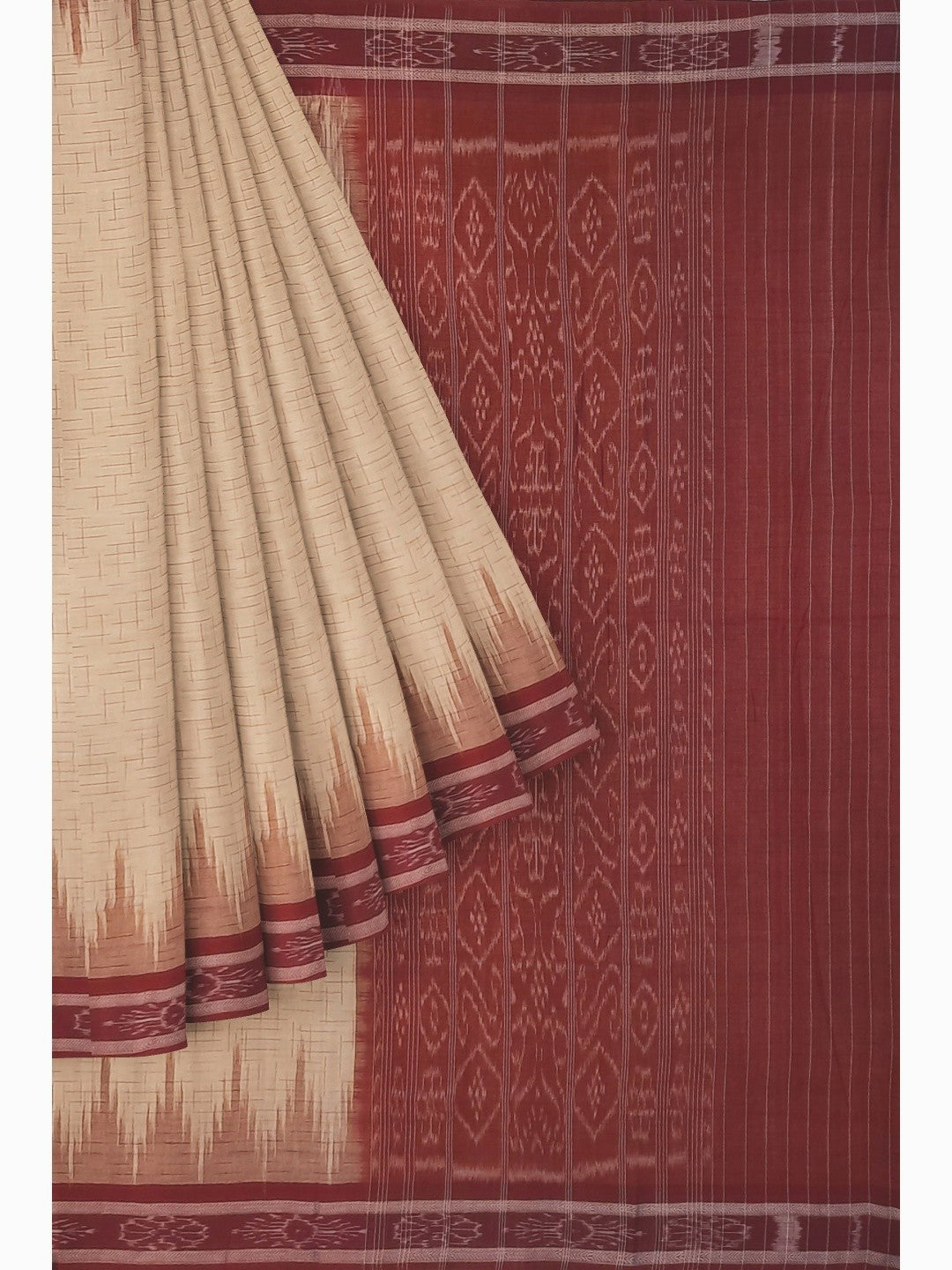 Beige with Maroon Cotton Odisha Ikat saree with mix match cotton ikat blouse piece
