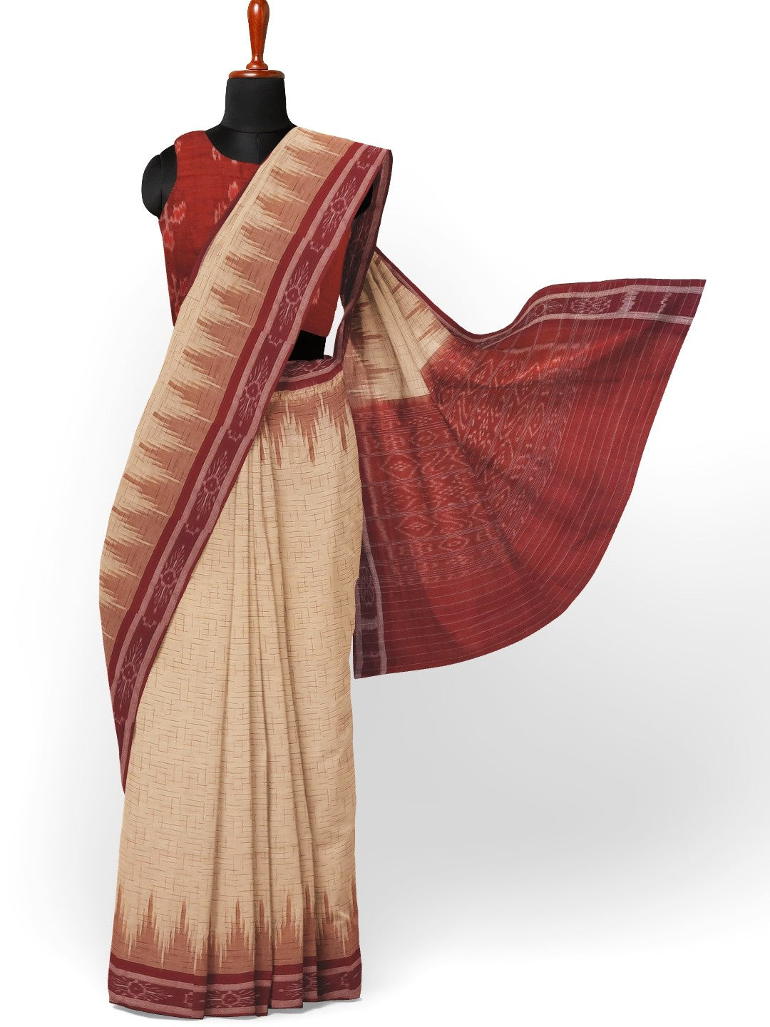 Beige with Maroon Cotton Odisha Ikat saree with mix match cotton ikat blouse piece