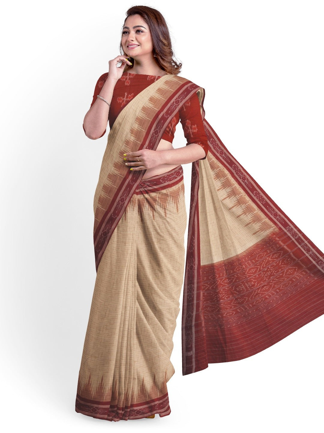 Beige with Maroon Cotton Odisha Ikat saree with mix match cotton ikat blouse piece