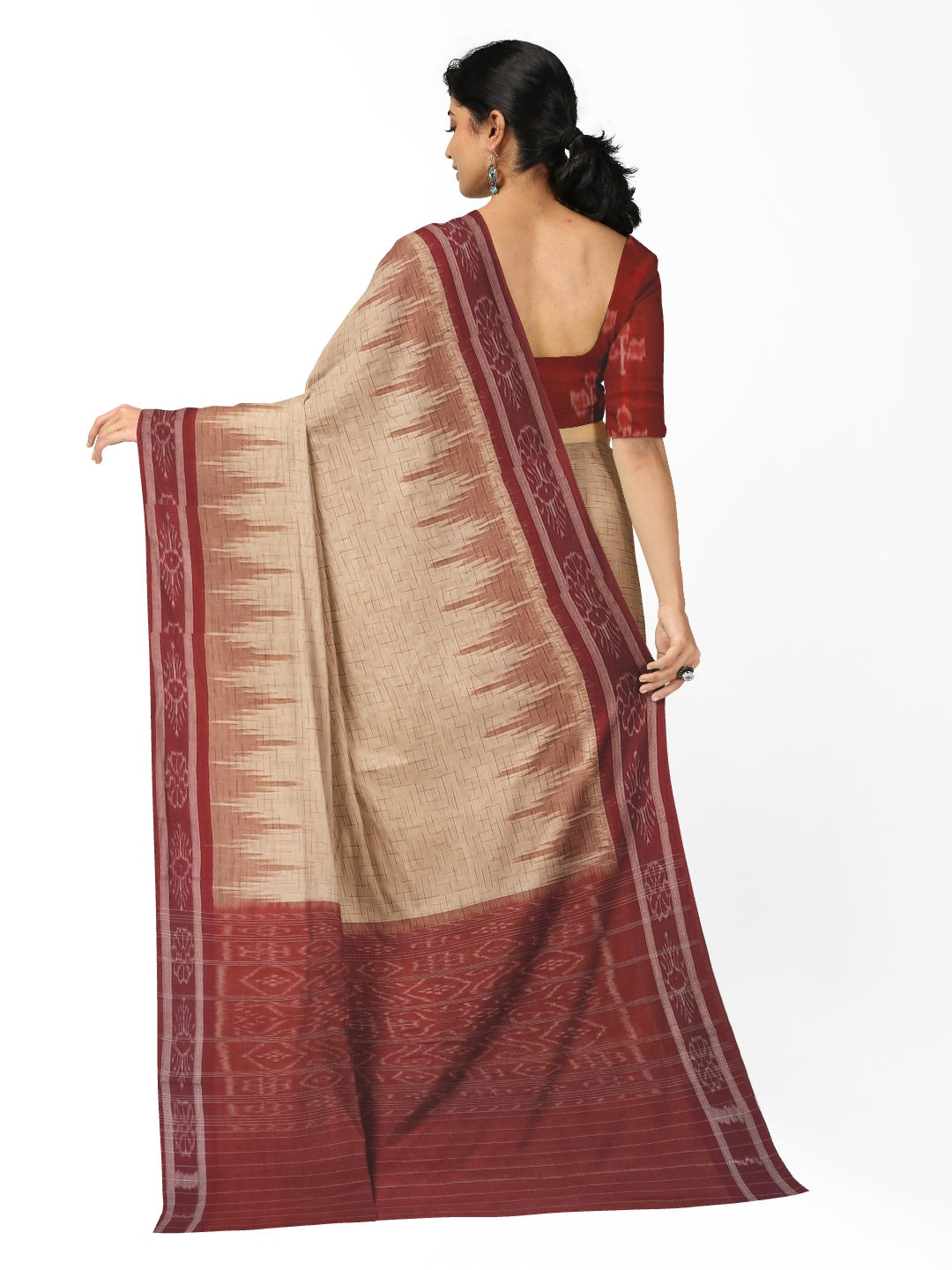 Beige with Maroon Cotton Odisha Ikat saree with mix match cotton ikat blouse piece