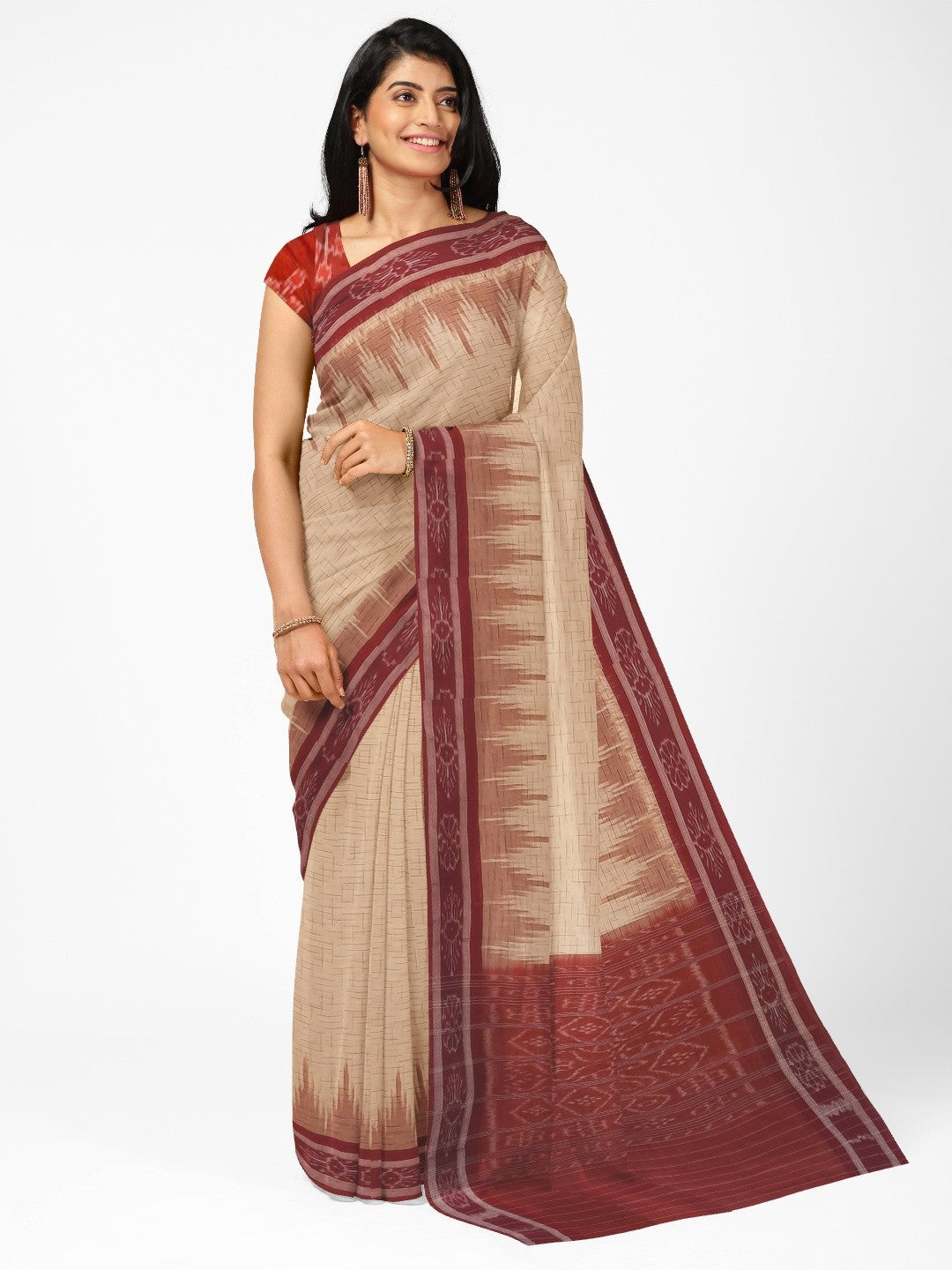 Beige with Maroon Cotton Odisha Ikat saree with mix match cotton ikat blouse piece
