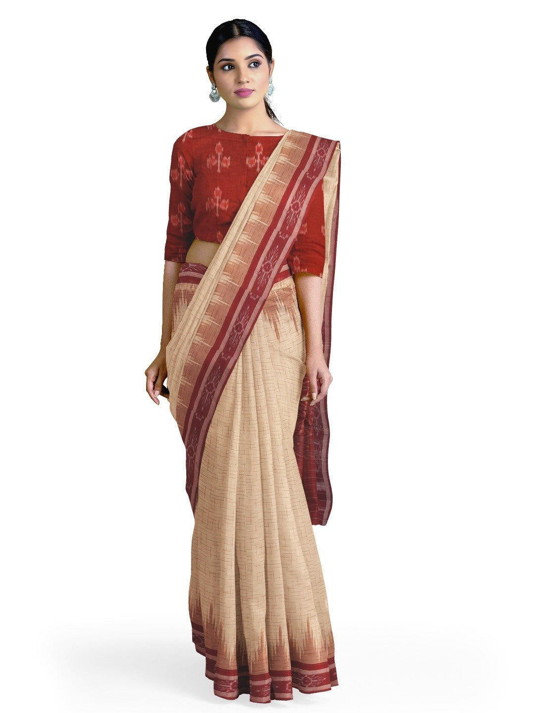 Beige with Maroon Cotton Odisha Ikat saree with mix match cotton ikat blouse piece