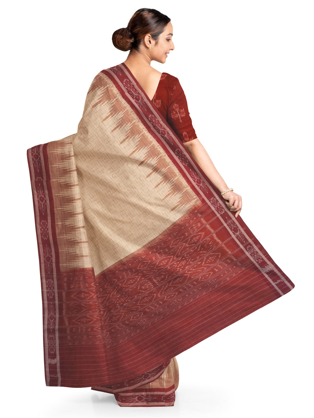 Beige with Maroon Cotton Odisha Ikat saree with mix match cotton ikat blouse piece