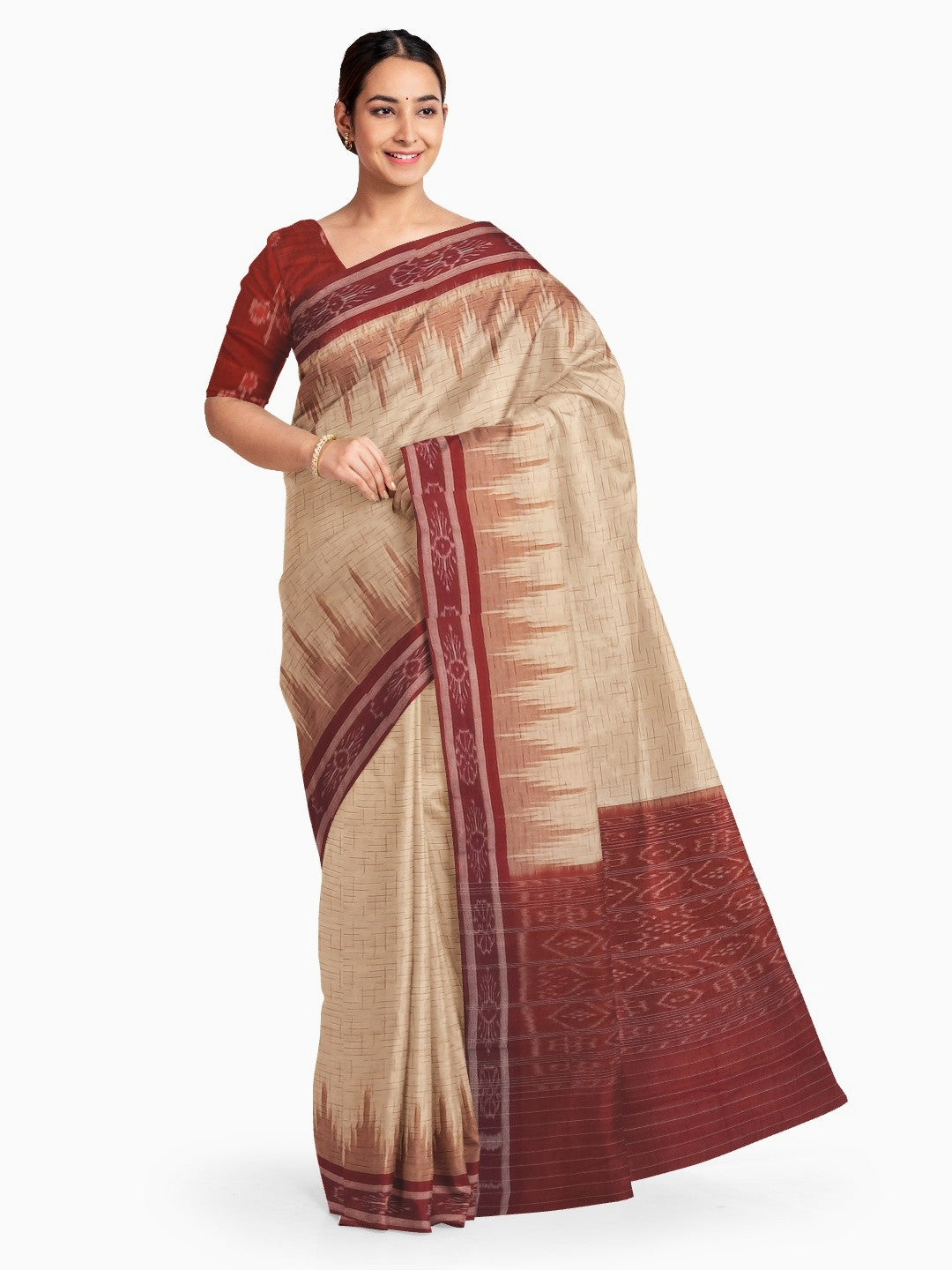 Beige with Maroon Cotton Odisha Ikat saree with mix match cotton ikat blouse piece