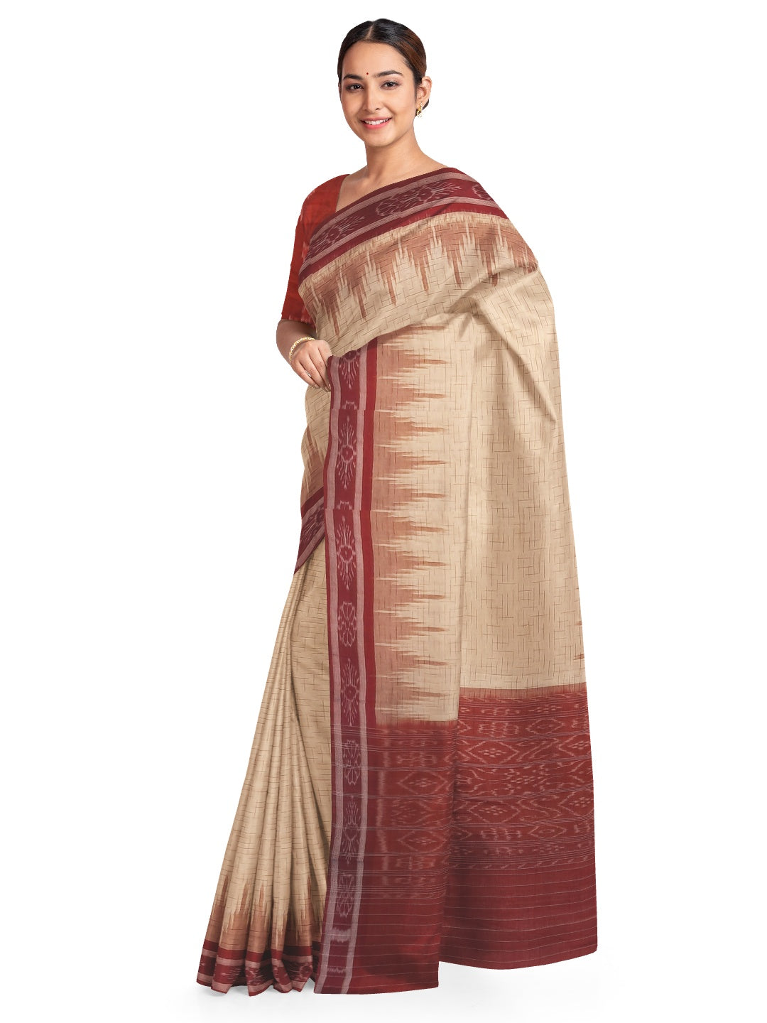 Beige with Maroon Cotton Odisha Ikat saree with mix match cotton ikat blouse piece