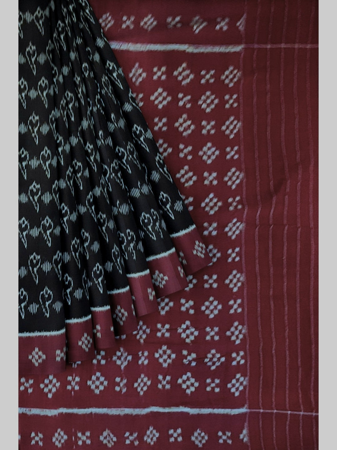 Black with Maroon Cotton Odisha Ikat saree with matching blouse piece