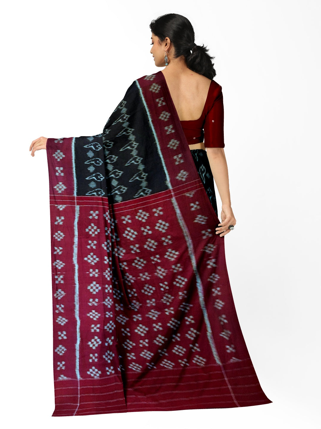 Black with Maroon Cotton Odisha Ikat saree with matching blouse piece