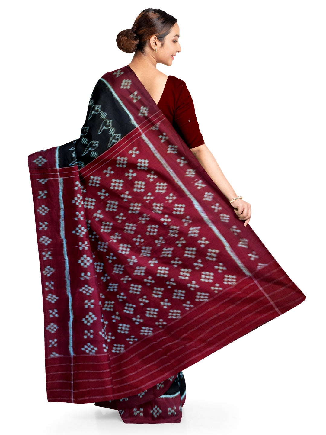 Black with Maroon Cotton Odisha Ikat saree with matching blouse piece