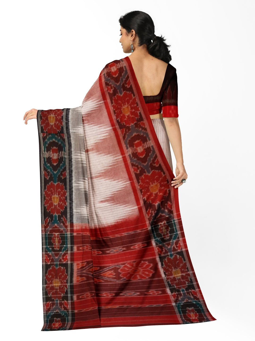White GangaJamuna border Cotton Odisha Ikat saree with mix match cotton ikat blouse (Copy)