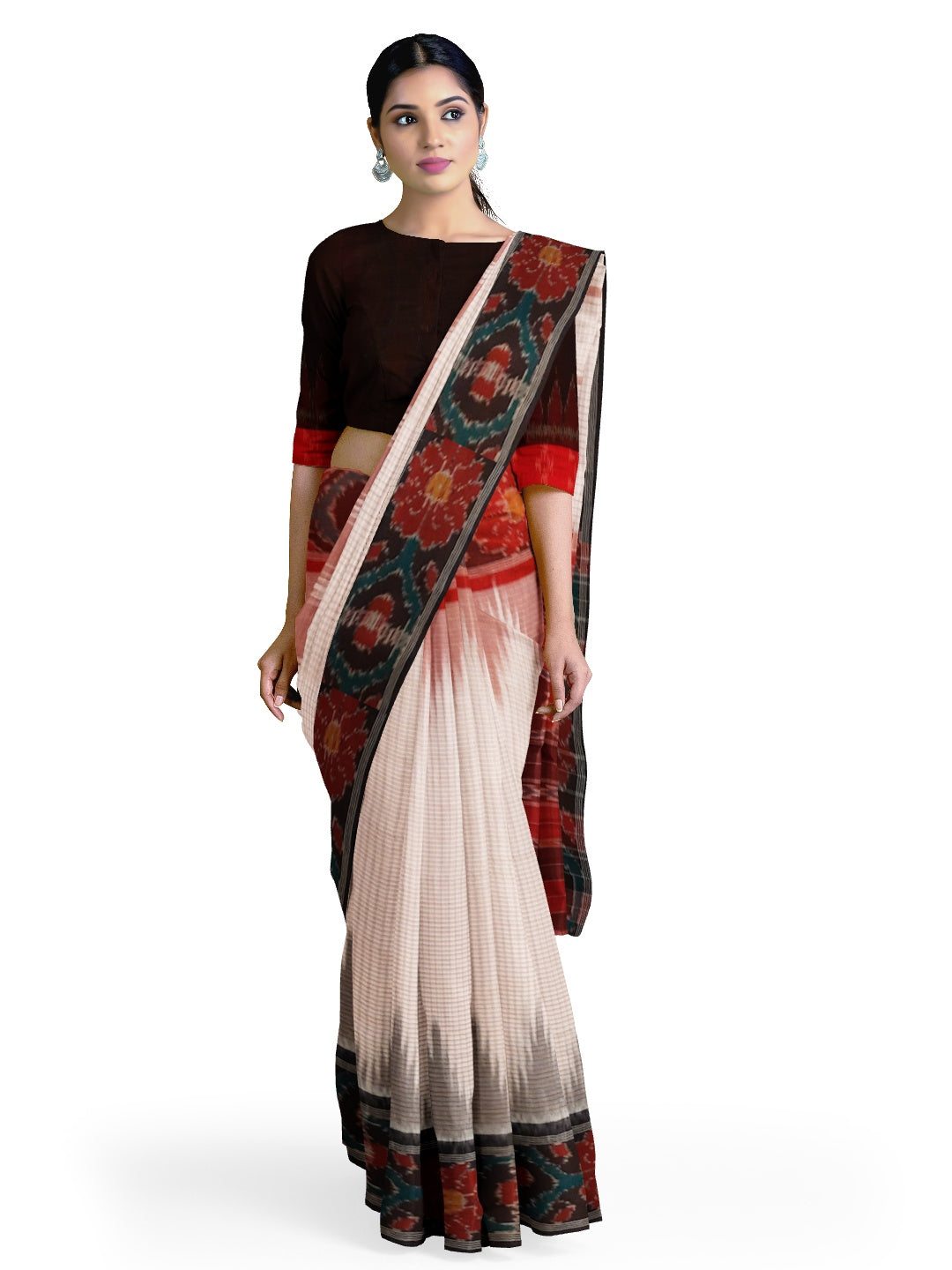White GangaJamuna border Cotton Odisha Ikat saree with mix match cotton ikat blouse (Copy)