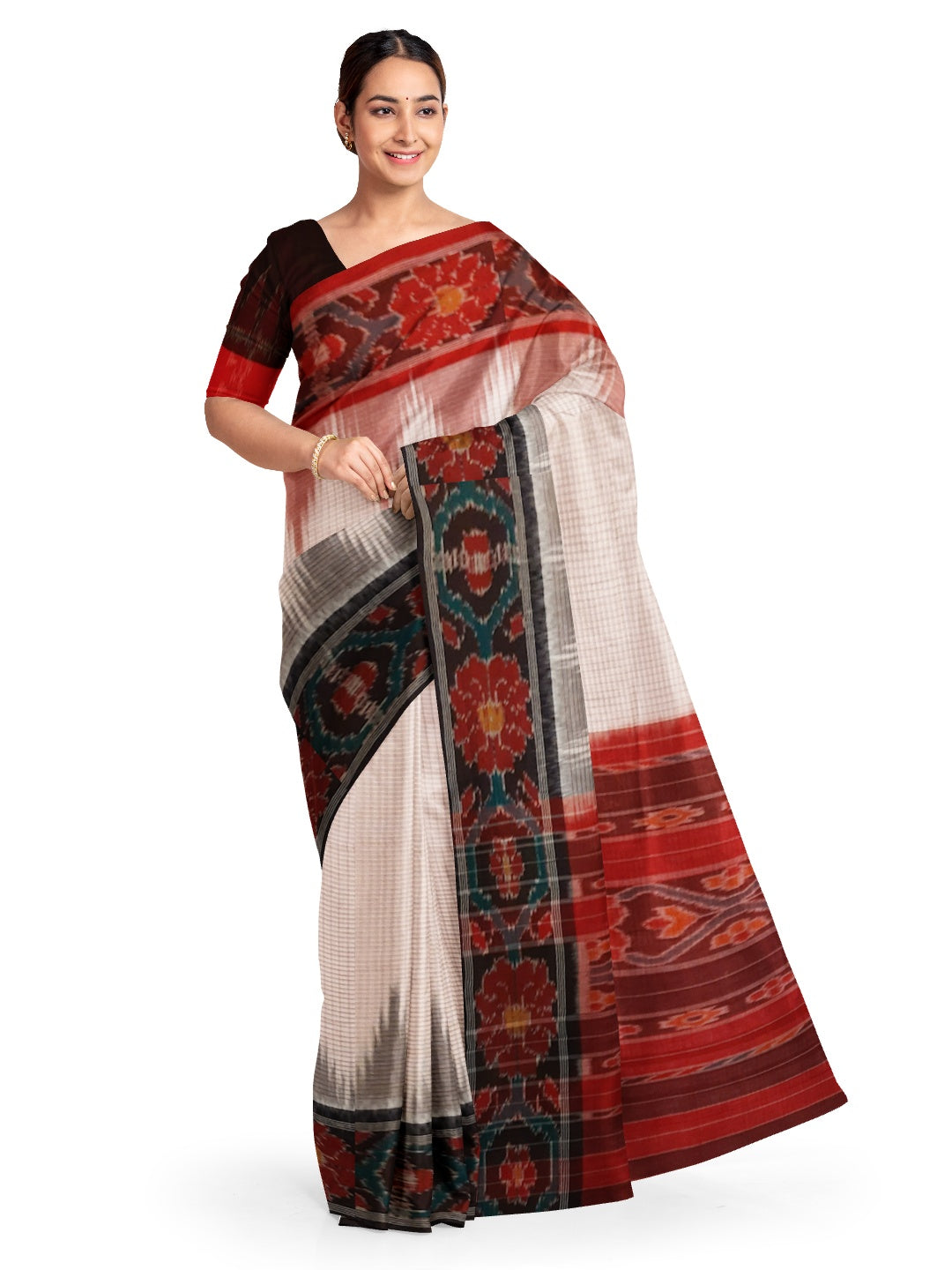 White GangaJamuna border Cotton Odisha Ikat saree with mix match cotton ikat blouse (Copy)