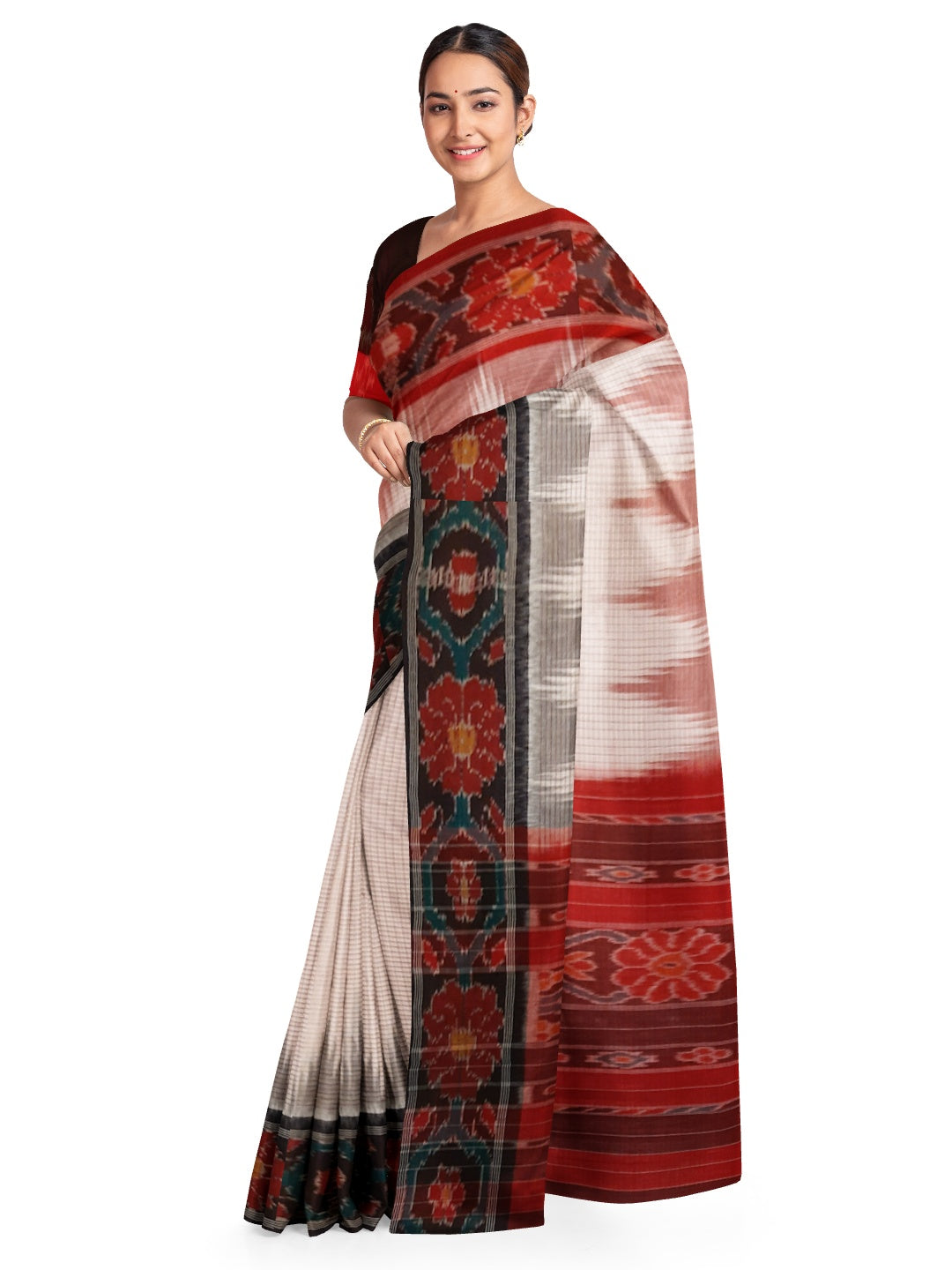 White GangaJamuna border Cotton Odisha Ikat saree with mix match cotton ikat blouse (Copy)
