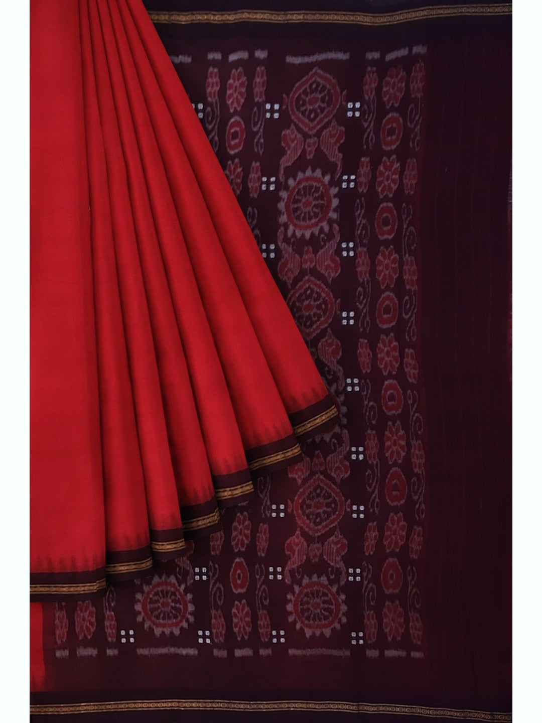 Red Ekphulia Pattern Odisha Ikat Cotton Saree with cotton ikat blouse piece
