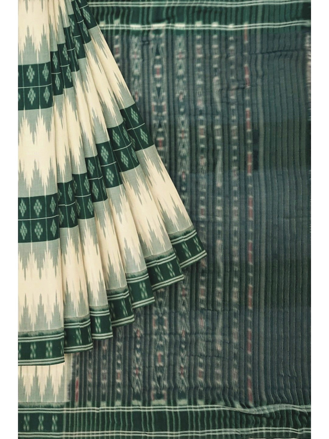 White and Green Cotton Odisha Ikat saree with mix match blouse piece