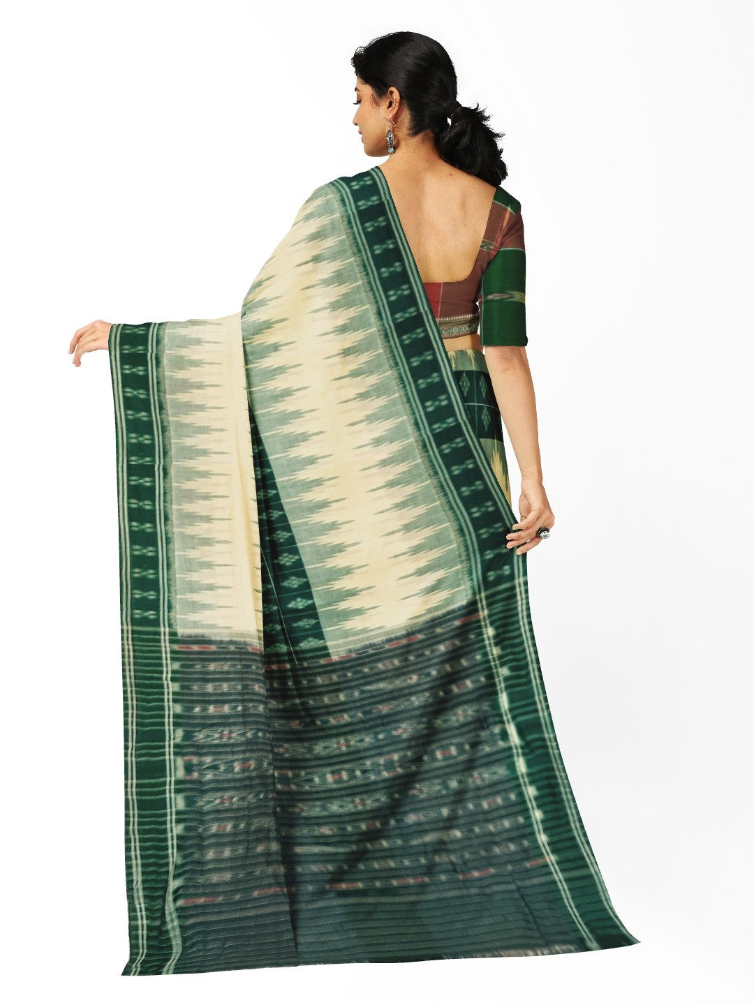 White and Green Cotton Odisha Ikat saree with mix match blouse piece