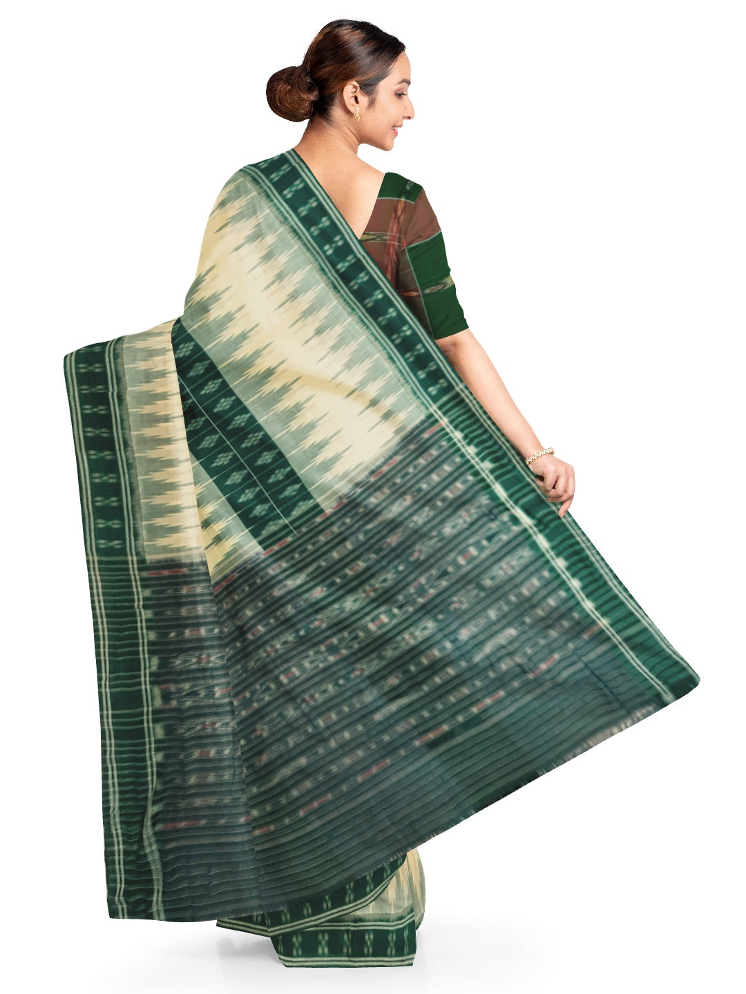 White and Green Cotton Odisha Ikat saree with mix match blouse piece