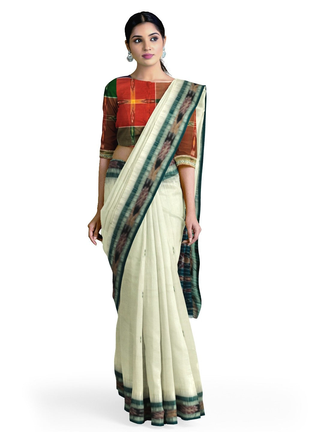 White Cotton Odisha Ikat saree with mix match blouse piece