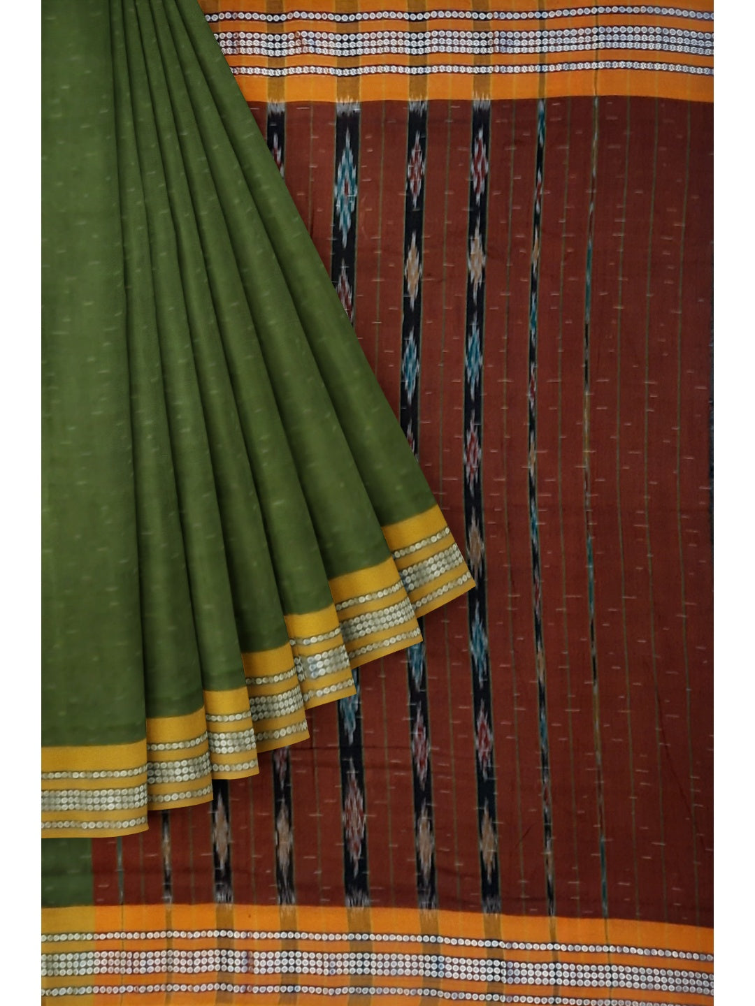 Olive Green Cotton Odisha Ikat saree with mix match blouse piece