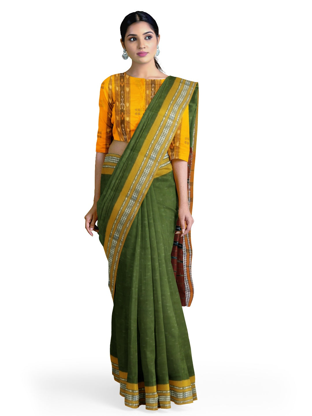 Olive Green Cotton Odisha Ikat saree with mix match blouse piece
