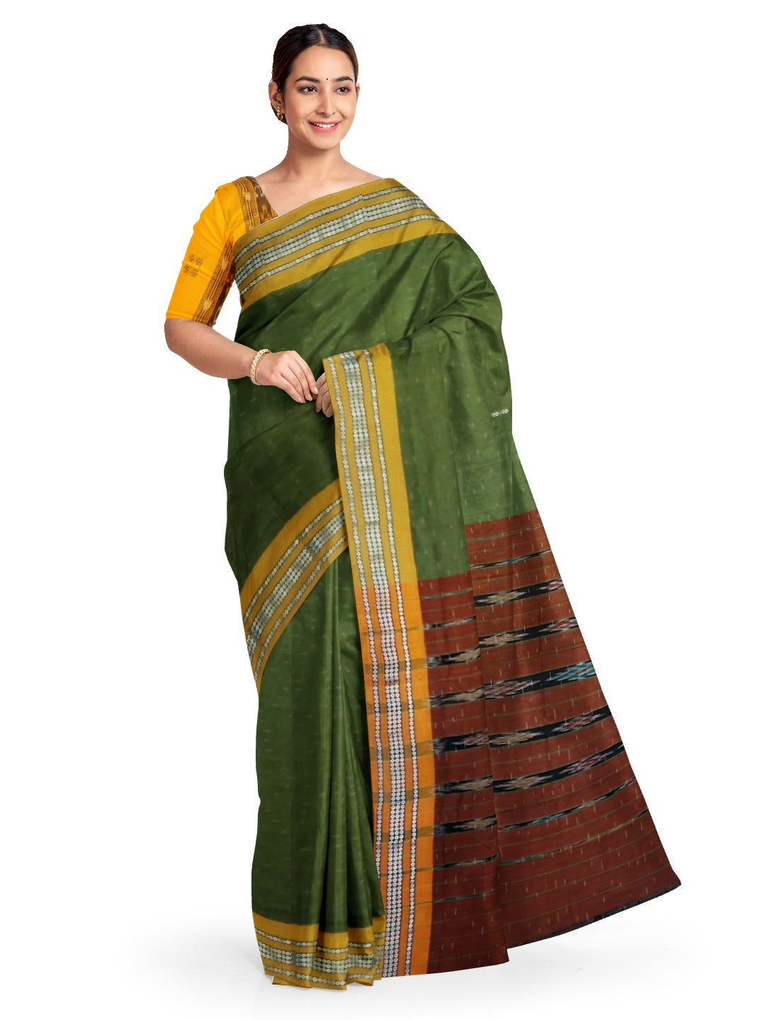 Olive Green Cotton Odisha Ikat saree with mix match blouse piece